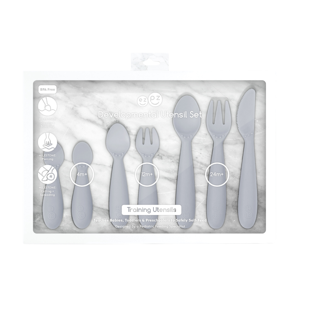 Ezpz Mini Utensils (Fork & Spoon in Gray) - 100% BPA Free Fork and